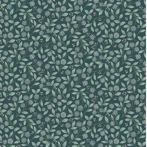 Pattern of green leaves and flowers on a dark green background