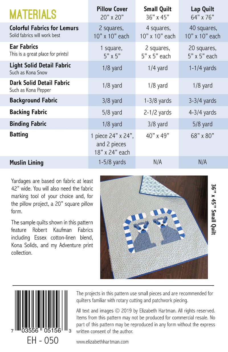 Lana Lemur - quilt pattern- Elizabeth Hartman