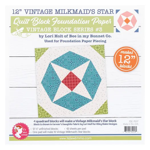 12" Vintage Milkmaid's Star Quilt Block Foundation Paper